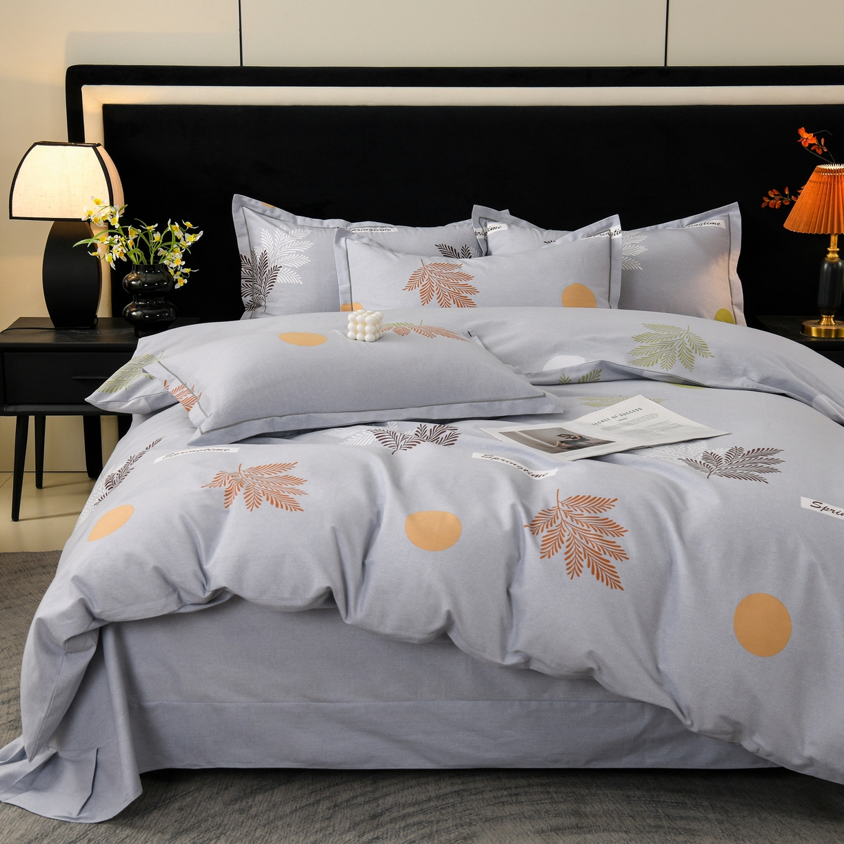 91家纺网 家纺一手货源 找家纺 润淳家居 2025新款百分百全棉磨毛四件套 花枝漫漫 灰