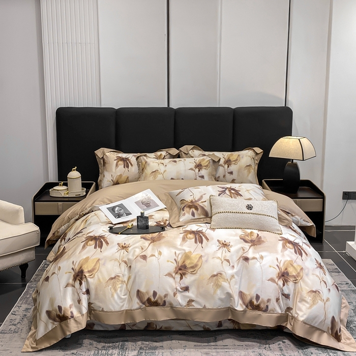 91家纺网 家纺一手货源 找家纺 娇逸家居 2025新款100支新疆长绒棉纯棉数码印花全棉四件套（专版花型） 南溪-咖