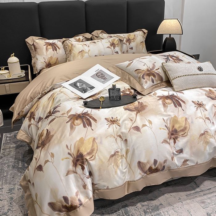 91家纺网 家纺一手货源 找家纺 娇逸家居 2025新款100支新疆长绒棉纯棉数码印花全棉四件套（专版花型） 南溪-咖