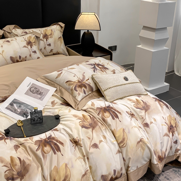 91家纺网 家纺一手货源 找家纺 娇逸家居 2025新款100支新疆长绒棉纯棉数码印花全棉四件套（专版花型） 南溪-咖