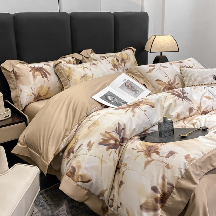 91家纺网 家纺一手货源 找家纺 娇逸家居 2025新款100支新疆长绒棉纯棉数码印花全棉四件套（专版花型） 南溪-咖