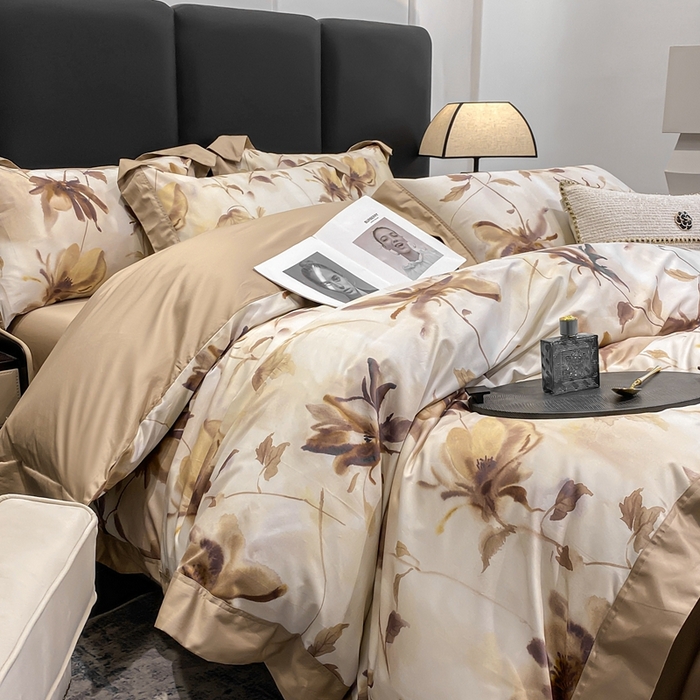 91家纺网 家纺一手货源 找家纺 娇逸家居 2025新款100支新疆长绒棉纯棉数码印花全棉四件套（专版花型） 南溪-咖