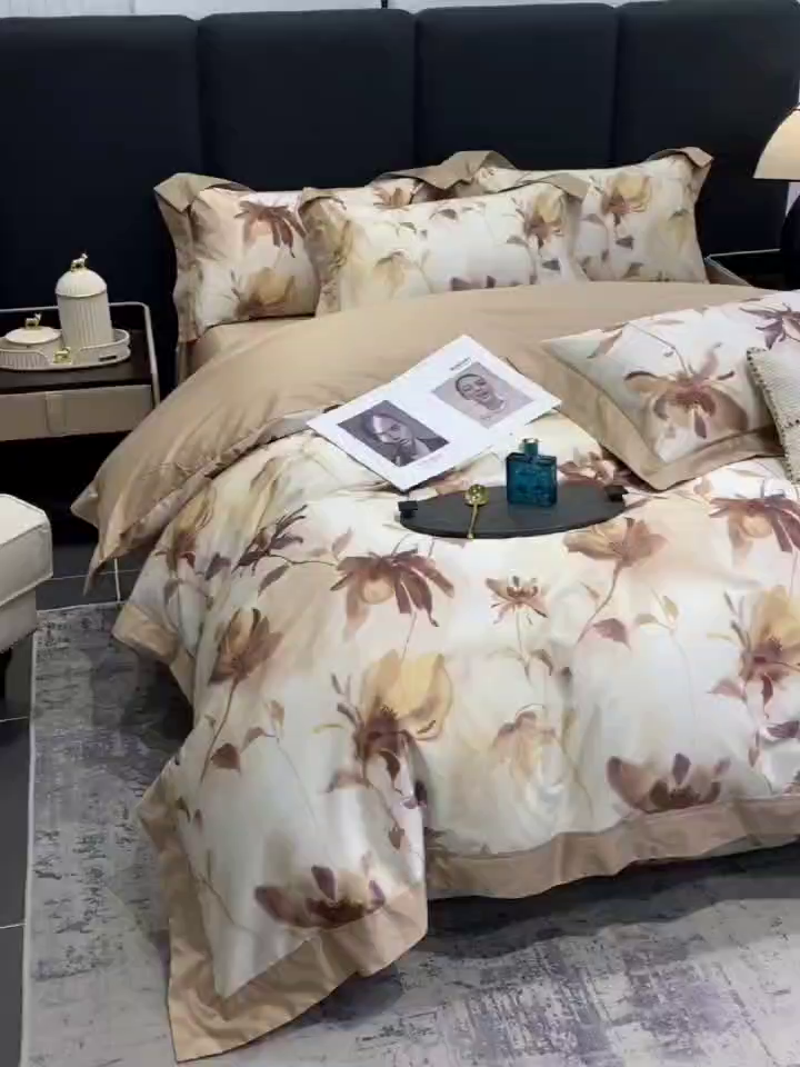 91家纺网 家纺一手货源 找家纺 娇逸家居 2025新款100支新疆长绒棉纯棉数码印花全棉四件套（专版花型） 南溪-咖