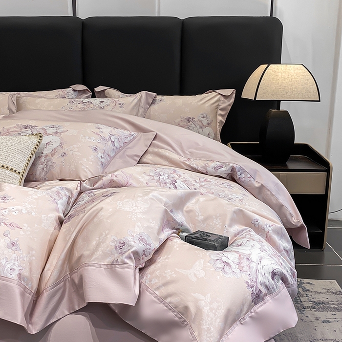 91家纺网 家纺一手货源 找家纺 娇逸家居 2025新款100支新疆长绒棉纯棉数码印花全棉四件套（专版花型） 伊芙琳-粉