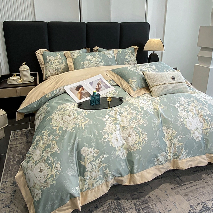 91家纺网 家纺一手货源 找家纺 娇逸家居 2025新款100支新疆长绒棉纯棉数码印花全棉四件套（专版花型） 伊芙琳-绿