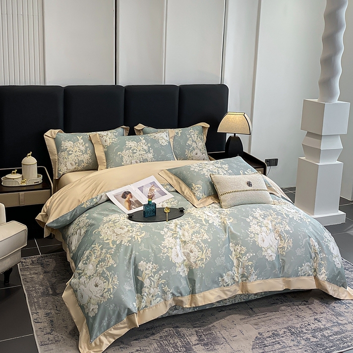 91家纺网 家纺一手货源 找家纺 娇逸家居 2025新款100支新疆长绒棉纯棉数码印花全棉四件套（专版花型） 伊芙琳-绿