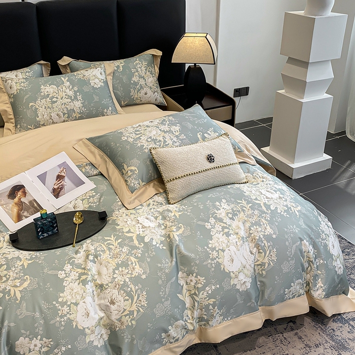 91家纺网 家纺一手货源 找家纺 娇逸家居 2025新款100支新疆长绒棉纯棉数码印花全棉四件套（专版花型） 伊芙琳-绿