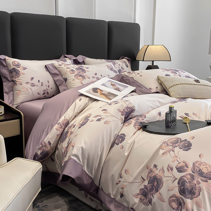 91家纺网 家纺一手货源 找家纺 娇逸家居 2025新款100支新疆长绒棉纯棉数码印花全棉四件套（专版花型） 依恋-紫