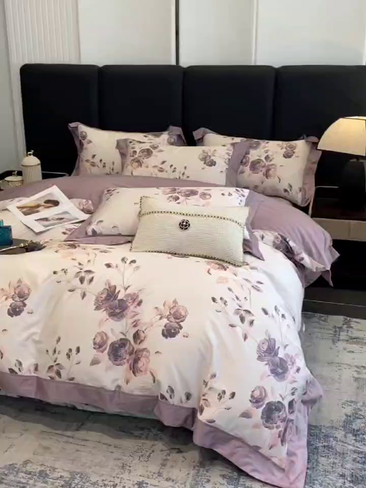 91家纺网 家纺一手货源 找家纺 娇逸家居 2025新款100支新疆长绒棉纯棉数码印花全棉四件套（专版花型） 依恋-紫