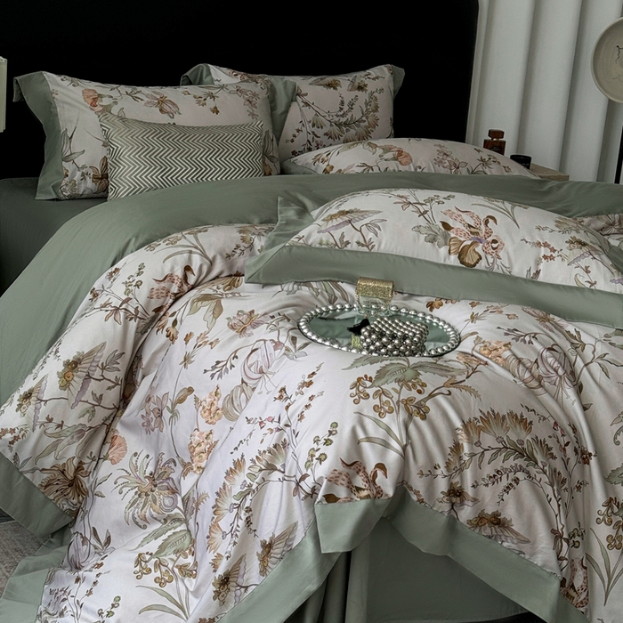 91家纺网 家纺一手货源 找家纺 娇逸家居 2025新款铂金天丝棉磨毛数码印花系列四件套 露华浓-绿