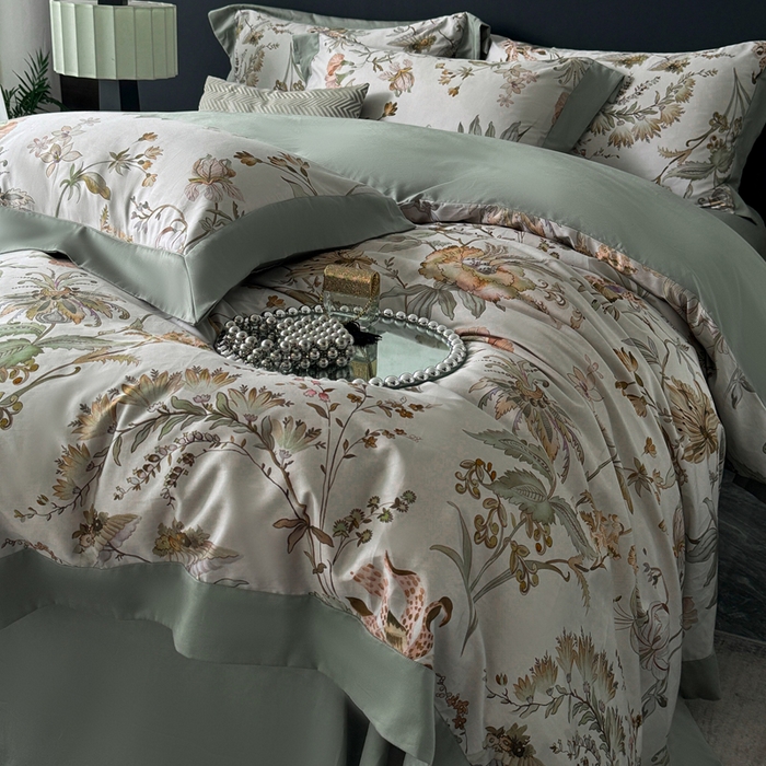 91家纺网 家纺一手货源 找家纺 娇逸家居 2025新款铂金天丝棉磨毛数码印花系列四件套 露华浓-绿