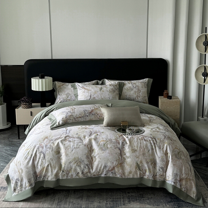 91家纺网 家纺一手货源 找家纺 娇逸家居 2025新款铂金天丝棉磨毛数码印花系列四件套 司藤-绿