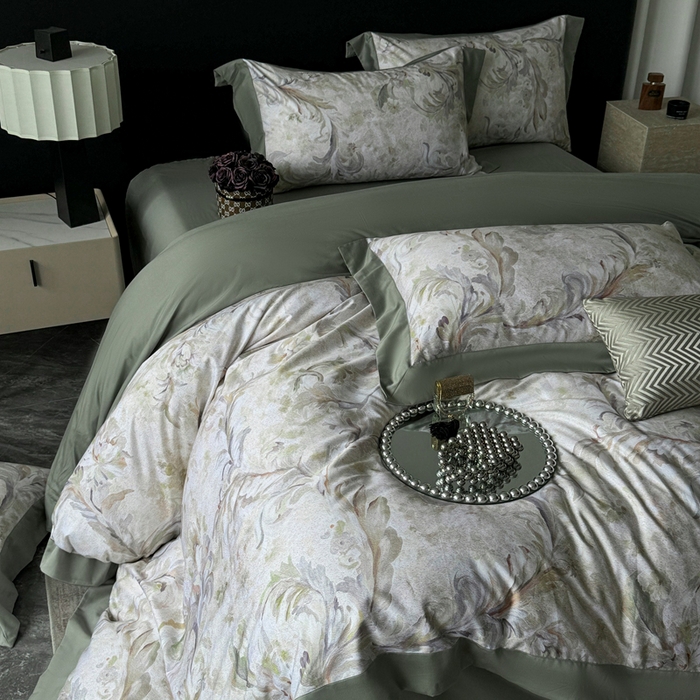 91家纺网 家纺一手货源 找家纺 娇逸家居 2025新款铂金天丝棉磨毛数码印花系列四件套 司藤-绿