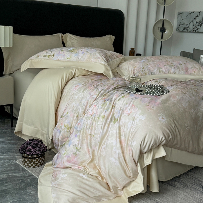 91家纺网 家纺一手货源 找家纺 娇逸家居 2025新款铂金天丝棉磨毛数码印花系列四件套 微澜