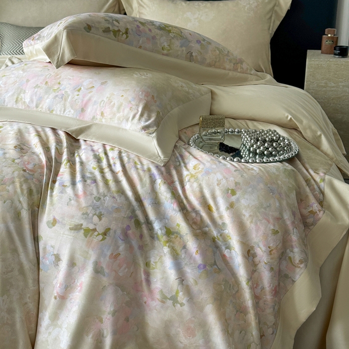 91家纺网 家纺一手货源 找家纺 娇逸家居 2025新款铂金天丝棉磨毛数码印花系列四件套 微澜