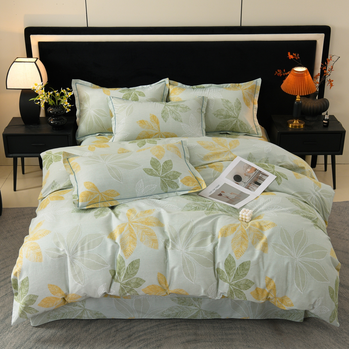 91家纺网 家纺一手货源 找家纺 润淳家居 2025新款百分百全棉磨毛四件套 香山红叶 绿