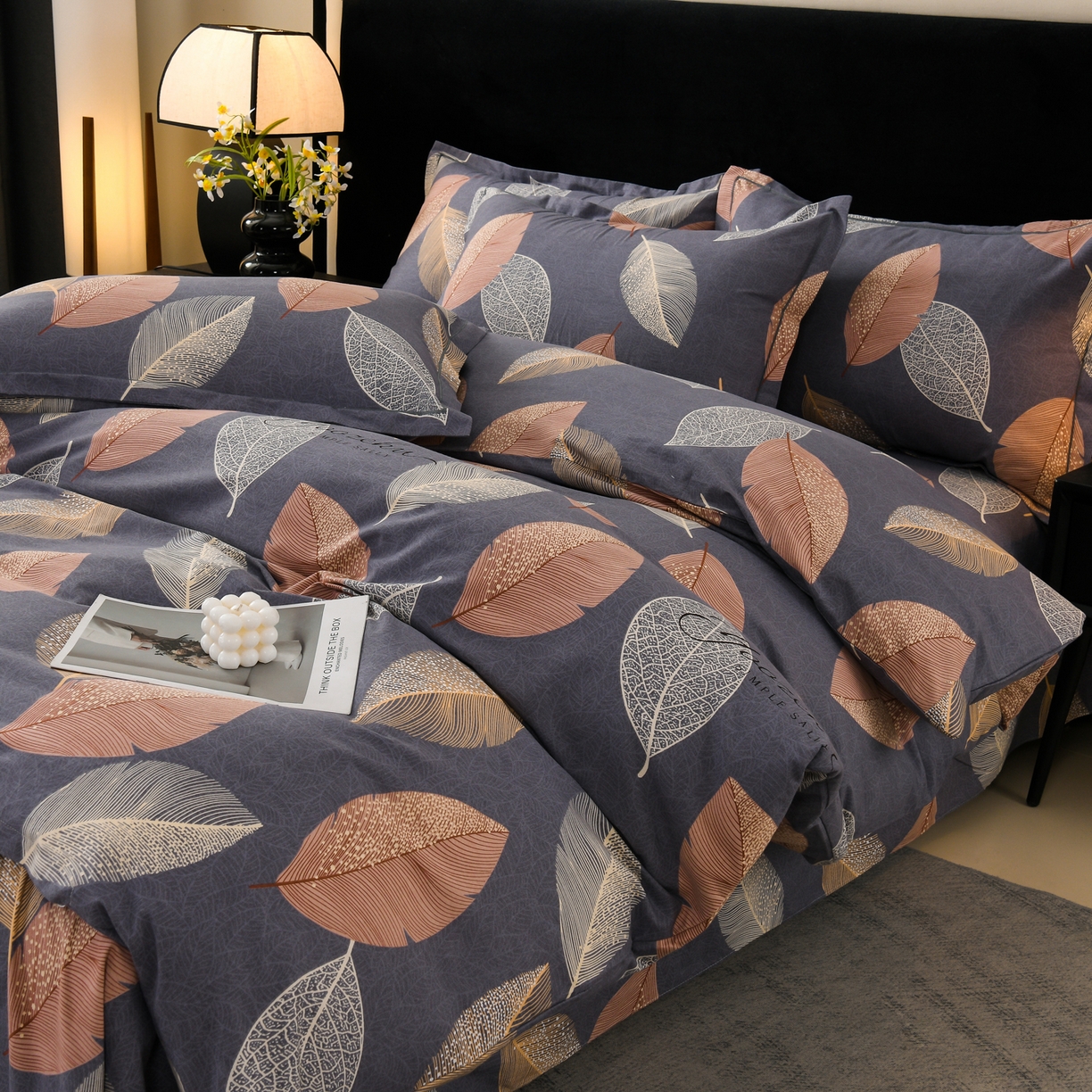 91家纺网 家纺一手货源 找家纺 润淳家居 2025新款百分百全棉磨毛四件套 叶影摇香 紫