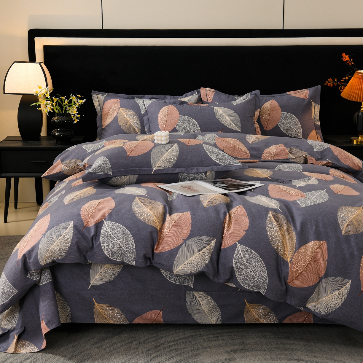 91家纺网 家纺一手货源 找家纺 润淳家居 2025新款百分百全棉磨毛四件套 叶影摇香 紫