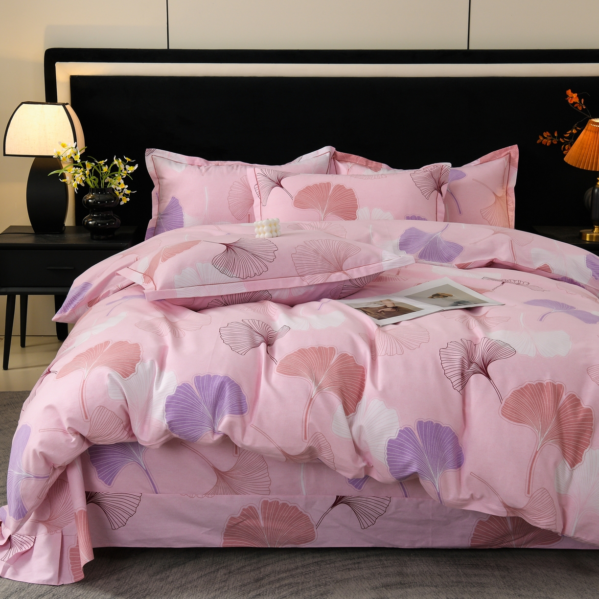 91家纺网 家纺一手货源 找家纺 润淳家居 2025新款百分百全棉磨毛四件套 银杏叶 粉