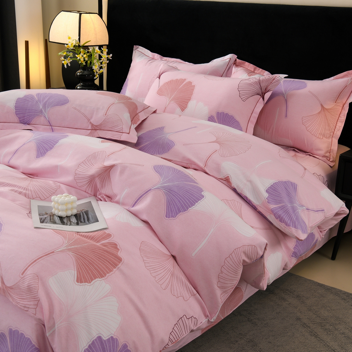 91家纺网 家纺一手货源 找家纺 润淳家居 2025新款百分百全棉磨毛四件套 银杏叶 粉