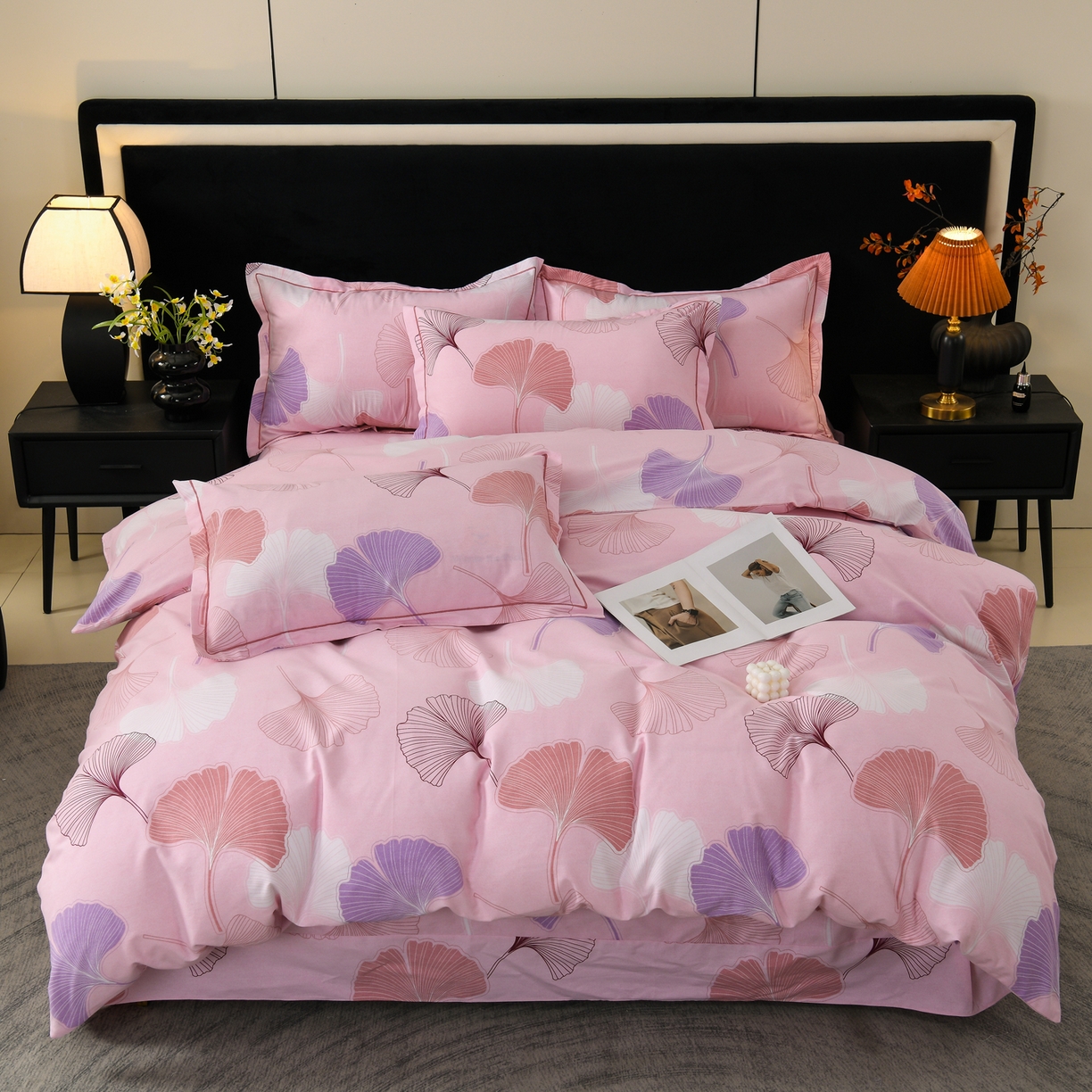 91家纺网 家纺一手货源 找家纺 润淳家居 2025新款百分百全棉磨毛四件套 银杏叶 粉