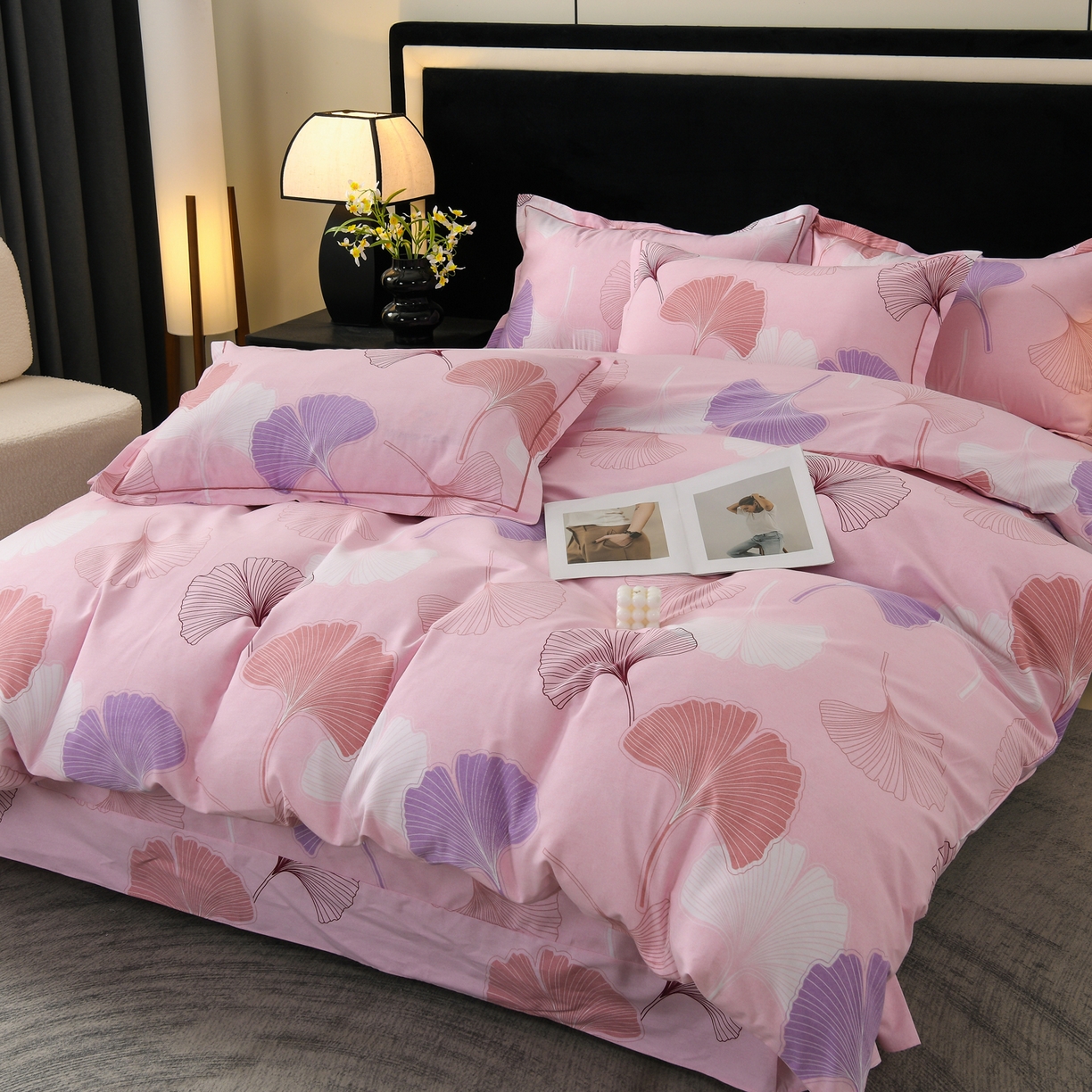 润淳家居 2025新款百分百全棉磨毛四件套 银杏叶 粉