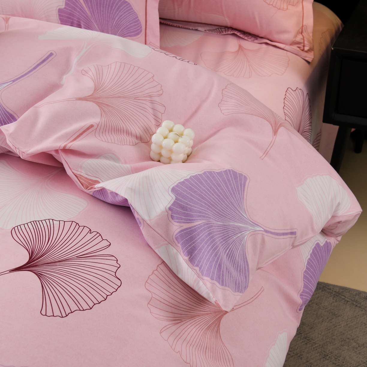 91家纺网 家纺一手货源 找家纺 润淳家居 2025新款百分百全棉磨毛四件套 银杏叶 粉