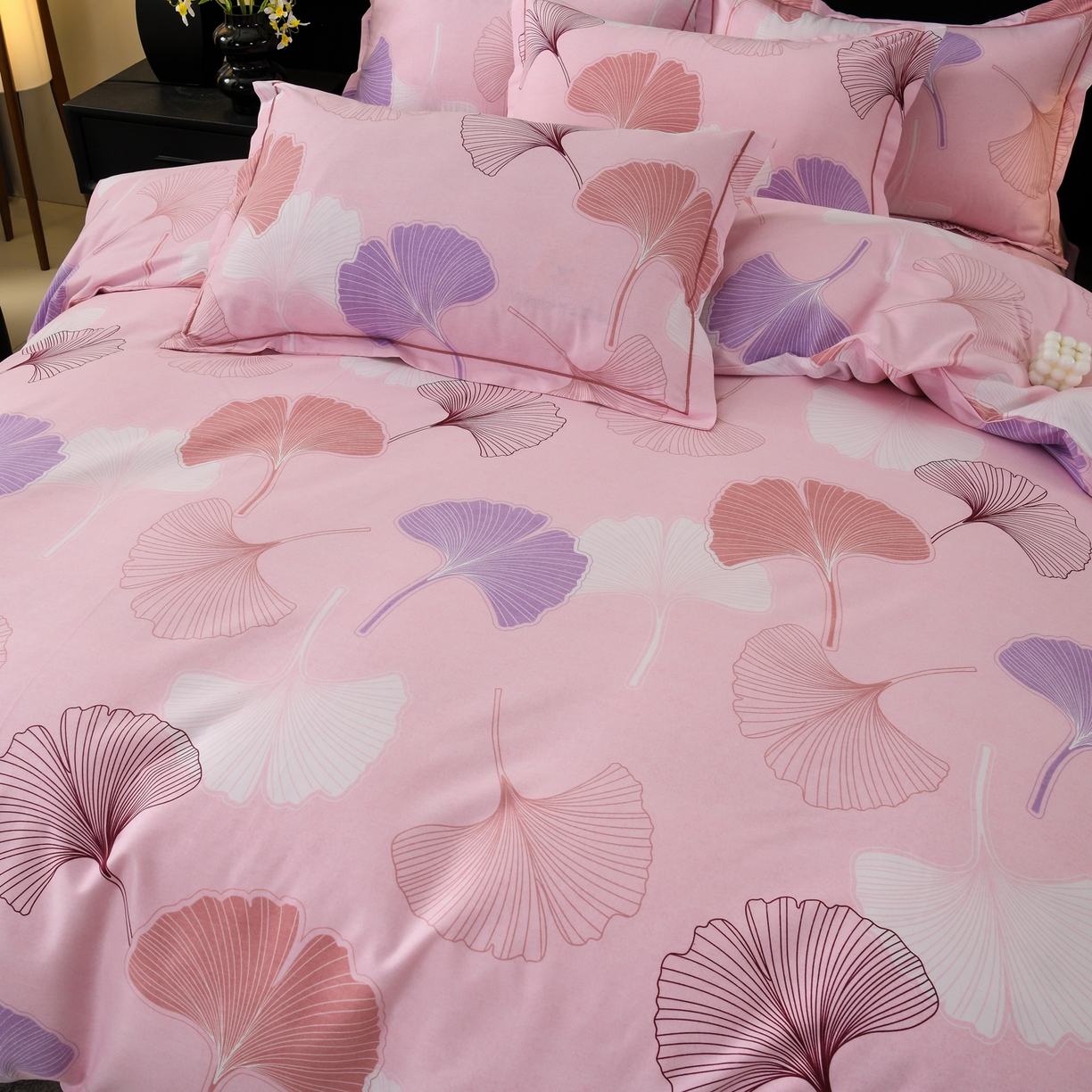 91家纺网 家纺一手货源 找家纺 润淳家居 2025新款百分百全棉磨毛四件套 银杏叶 粉