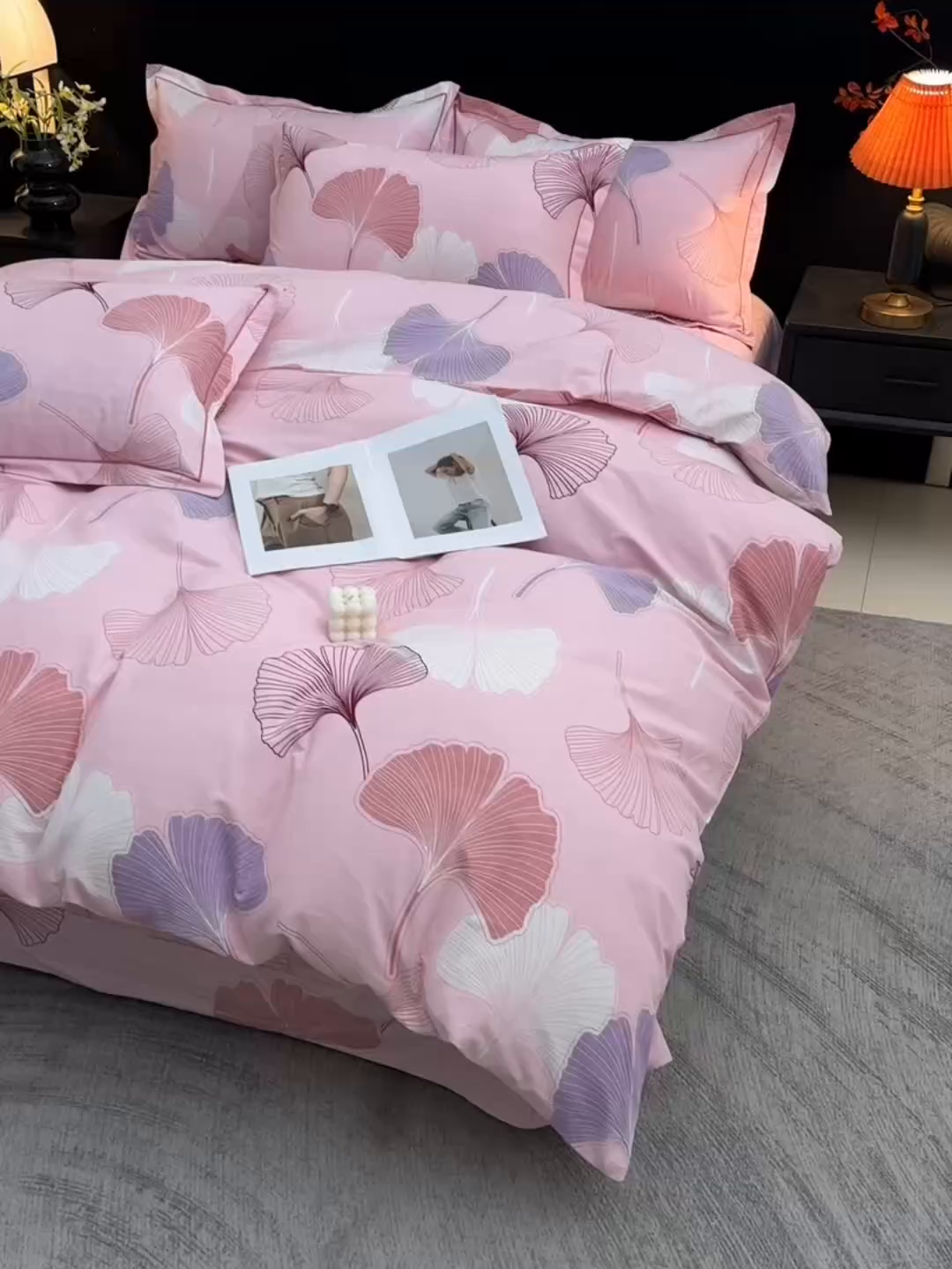 91家纺网 家纺一手货源 找家纺 润淳家居 2025新款百分百全棉磨毛四件套 银杏叶 粉