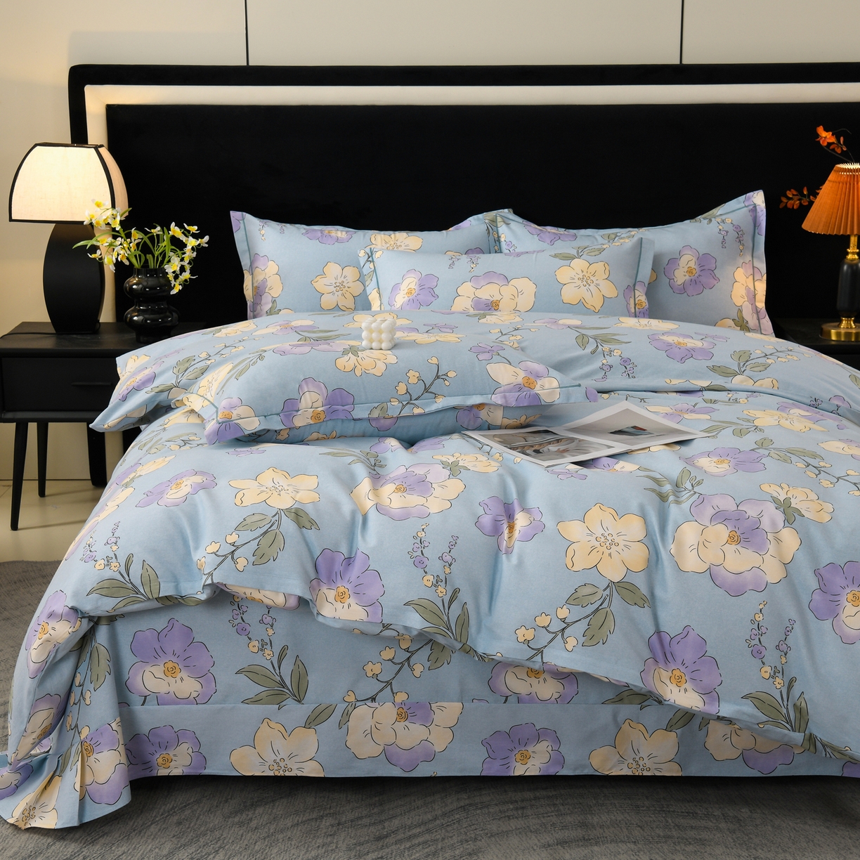 91家纺网 家纺一手货源 找家纺 润淳家居 2025新款百分百全棉磨毛四件套 珍妮花园 蓝