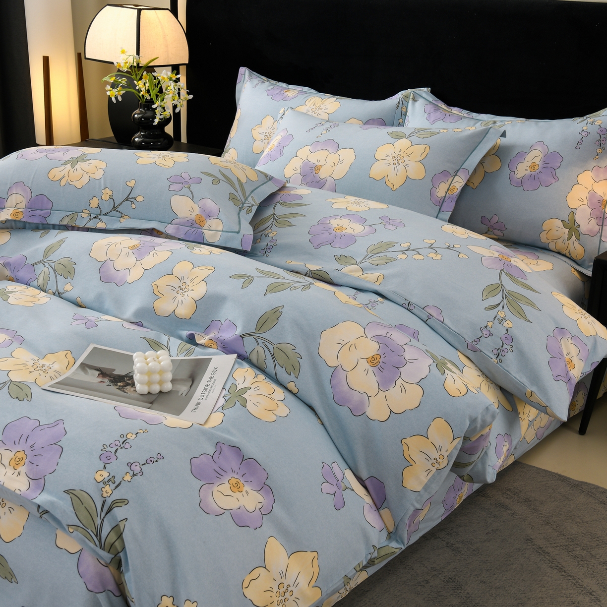 91家纺网 家纺一手货源 找家纺 润淳家居 2025新款百分百全棉磨毛四件套 珍妮花园 蓝