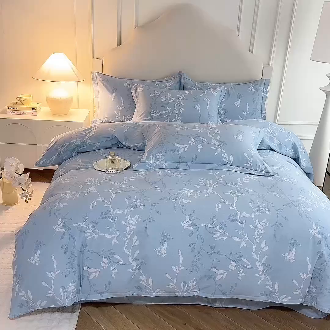 91家纺网 家纺一手货源 找家纺 磨毛世家家纺 2025新款生态四件套 春和景明-蓝