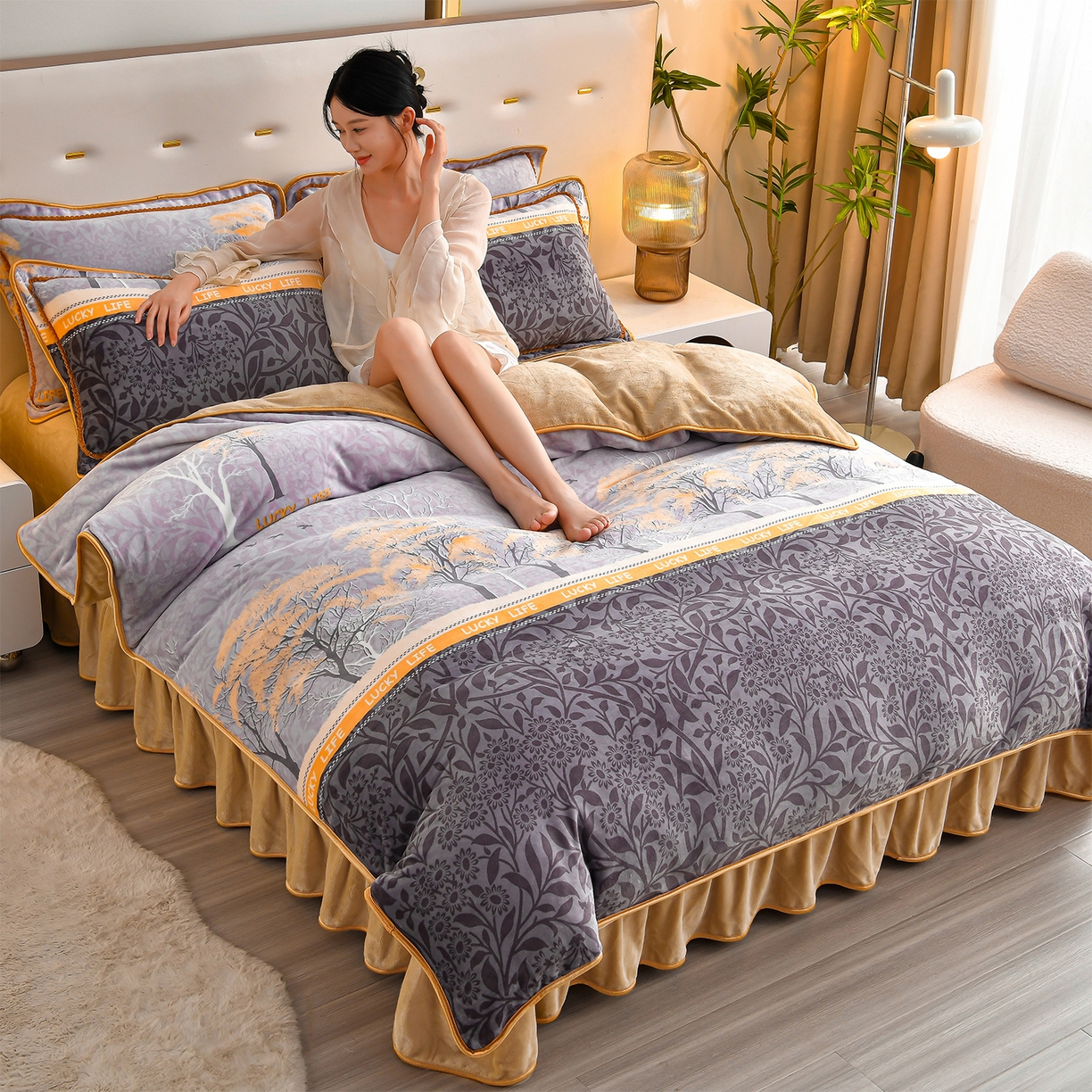 91家纺网 家纺一手货源 找家纺 （总）亿品2025直播爆款9.5斤牛奶绒四件套加厚保暖床裙四件套