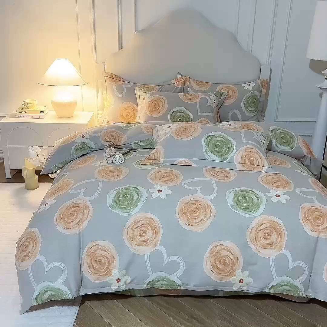 91家纺网 家纺一手货源 找家纺 磨毛世家家纺 2025新款生态四件套 玫瑰物语-灰