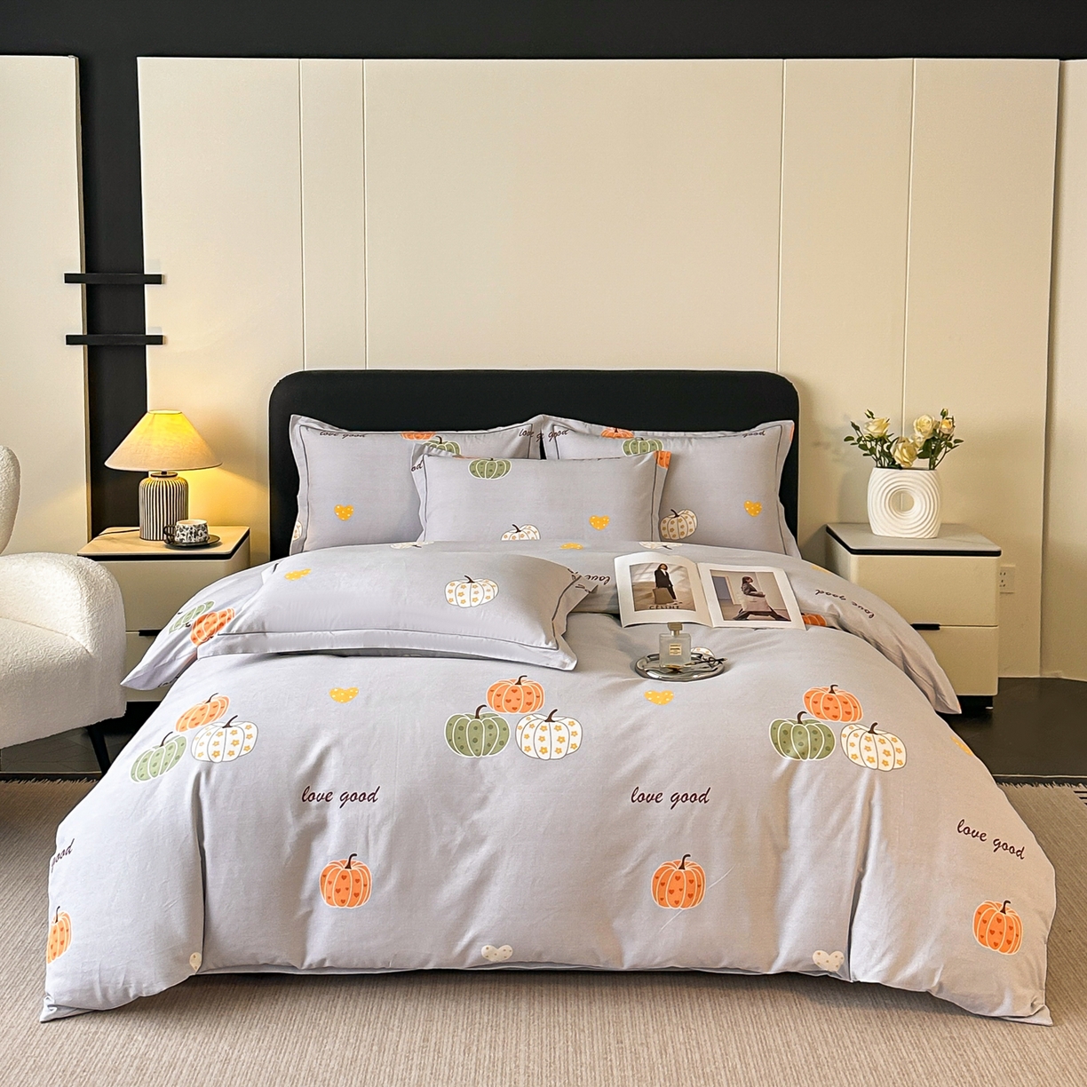 磨毛世家家纺 2025新款生态四件套 南瓜甜心-灰
