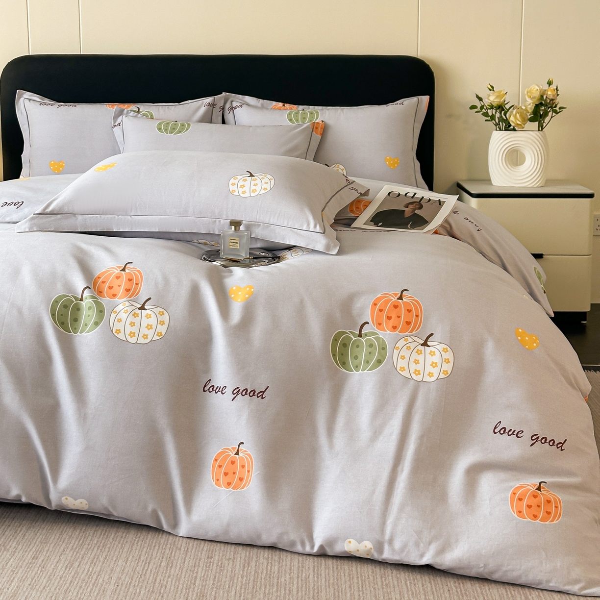 91家纺网 家纺一手货源 找家纺 磨毛世家家纺 2025新款生态四件套 南瓜甜心-灰