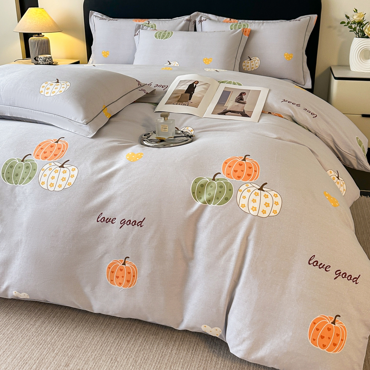 91家纺网 家纺一手货源 找家纺 磨毛世家家纺 2025新款生态四件套 南瓜甜心-灰