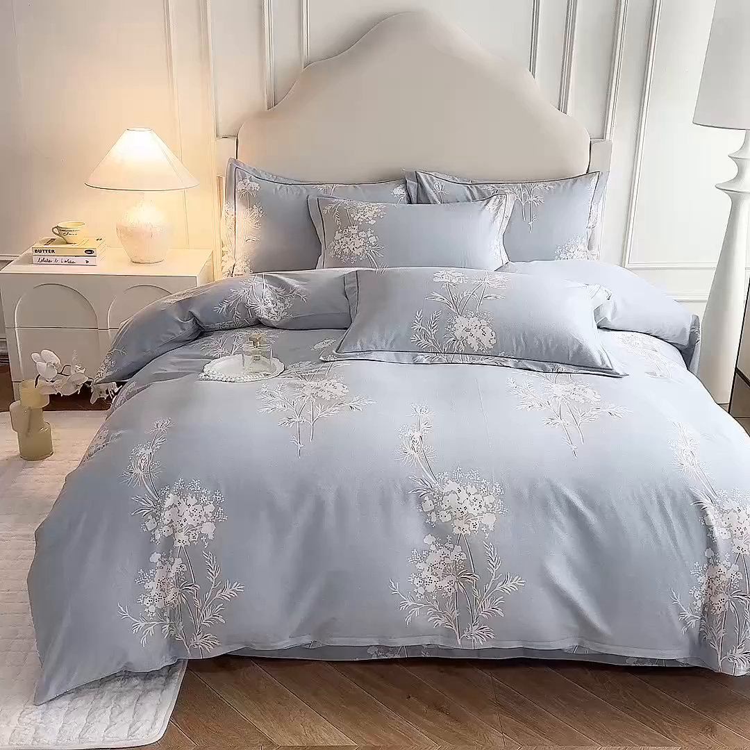 91家纺网 家纺一手货源 找家纺 磨毛世家家纺 2025新款生态四件套 浅笑嫣然-灰