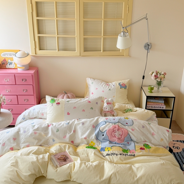 91家纺网 家纺一手货源 找家纺 柚子YOUTH 2025新款全棉纯棉工艺款13070贴布绣四件套 爱心小象