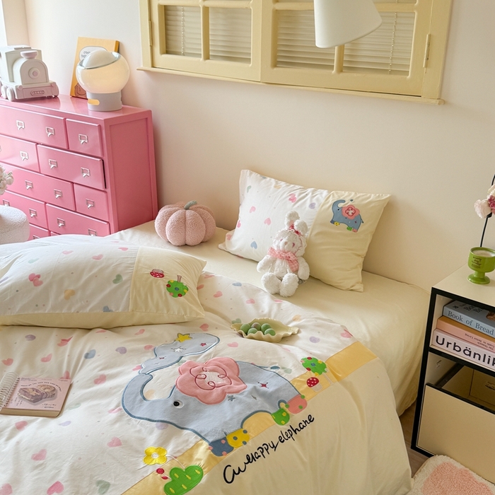 91家纺网 家纺一手货源 找家纺 柚子YOUTH 2025新款全棉纯棉工艺款13070贴布绣四件套 爱心小象