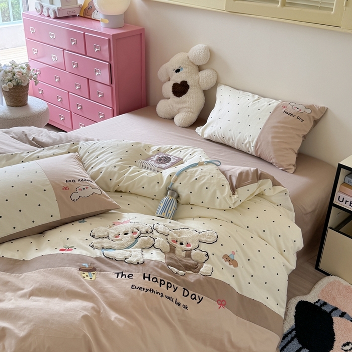 91家纺网 家纺一手货源 找家纺 柚子YOUTH 2025新款全棉纯棉工艺款13070贴布绣四件套 毛绒小狗