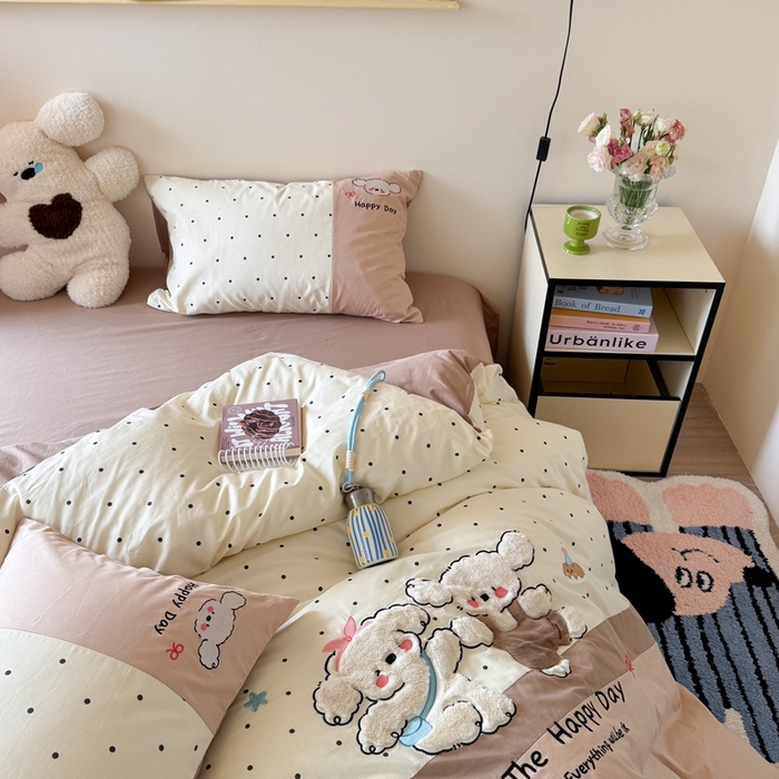 91家纺网 家纺一手货源 找家纺 柚子YOUTH 2025新款全棉纯棉工艺款13070贴布绣四件套 毛绒小狗