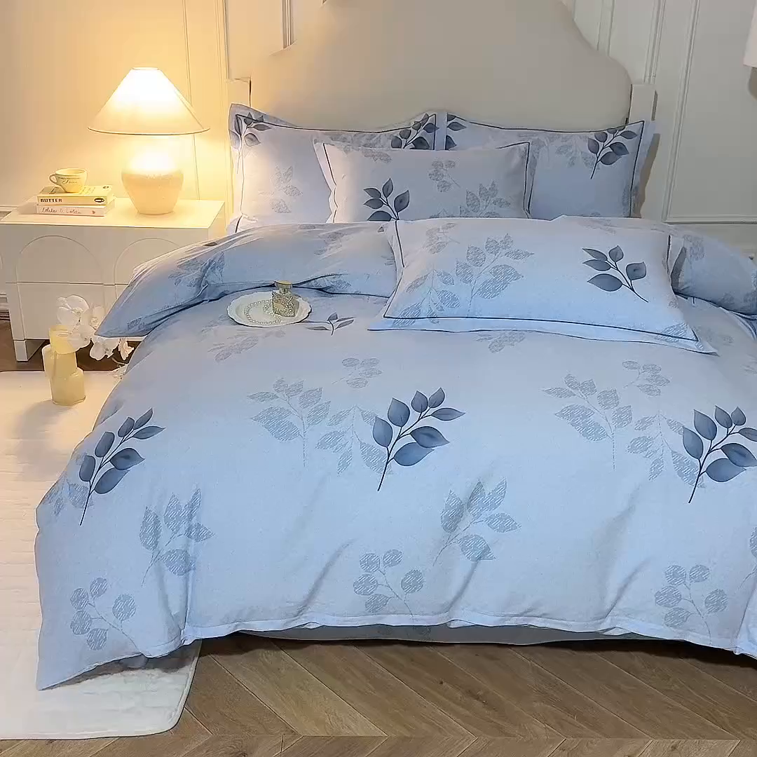 91家纺网 家纺一手货源 找家纺 磨毛世家家纺 2025新款生态四件套 叶韵-蓝