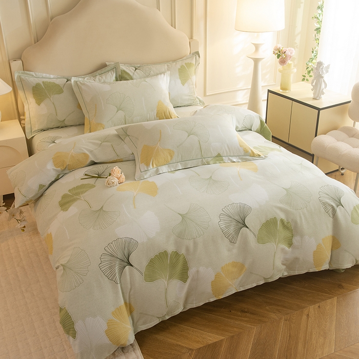 91家纺网 家纺一手货源 找家纺 磨毛世家家纺 2025新款生态四件套 银杏叶-绿