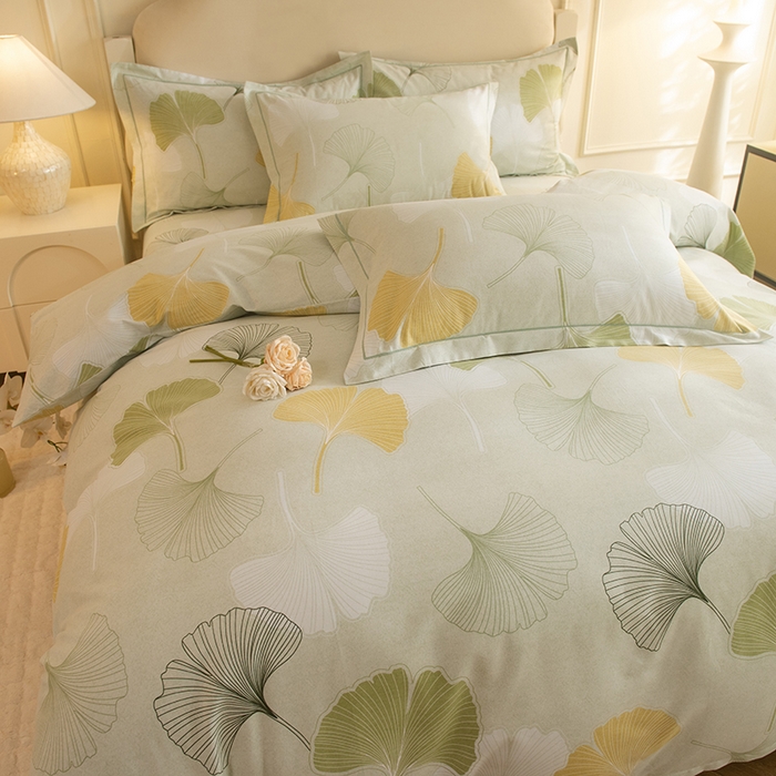 91家纺网 家纺一手货源 找家纺 磨毛世家家纺 2025新款生态四件套 银杏叶-绿