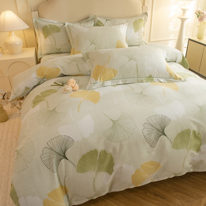 91家纺网 家纺一手货源 找家纺 磨毛世家家纺 2025新款生态四件套 银杏叶-绿