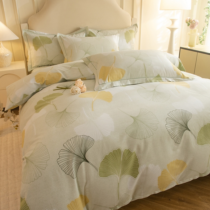 91家纺网 家纺一手货源 找家纺 磨毛世家家纺 2025新款生态四件套 银杏叶-绿