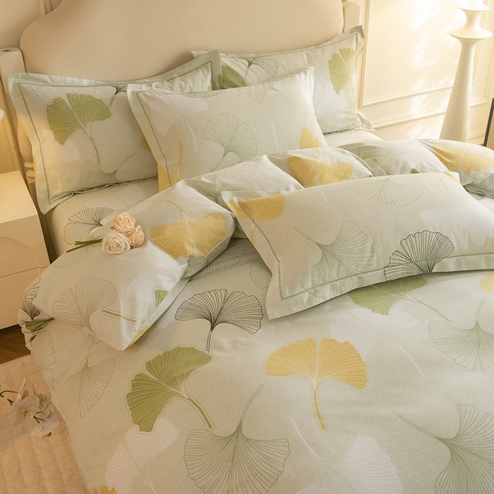 91家纺网 家纺一手货源 找家纺 磨毛世家家纺 2025新款生态四件套 银杏叶-绿