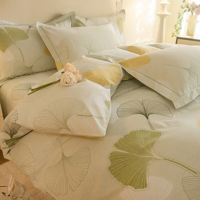 91家纺网 家纺一手货源 找家纺 磨毛世家家纺 2025新款生态四件套 银杏叶-绿