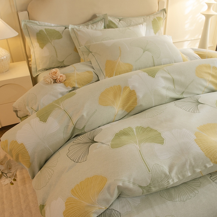 91家纺网 家纺一手货源 找家纺 磨毛世家家纺 2025新款生态四件套 银杏叶-绿